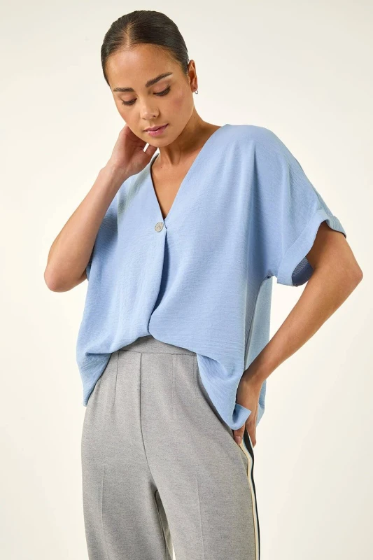Image of Roman Womens Petite One Buttoned V-Neck Top in Light Blue Size: 10 Light Blue Female 10