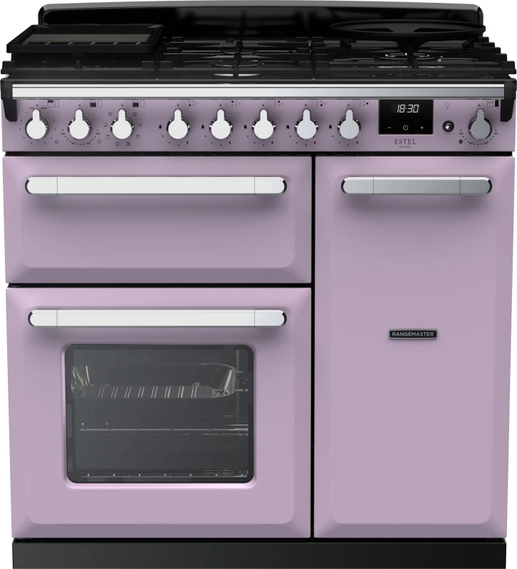 Image of Rangemaster Estel Deluxe ESDL90DFPHTH/CM1 90cm wide Dual Fuel Range Cooker with Gas Hob - Heather / Chrome - A/A Rated