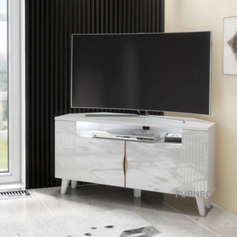 Image of Furneo White Corner TV Stand 100Cm Unit Cabinet Matt & High Gloss Azzurro 06 Brushed Gold Handles White LED Lights