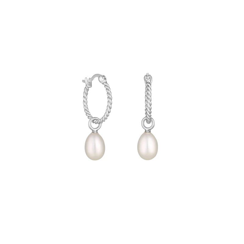 Image of Simply Silver Recycled Sterling Silver 925 Ribbed Hoop Pearl Drop Earrings Silver
