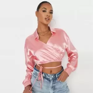 Image of Missguided Wrap Around Satin Shirt - Pink