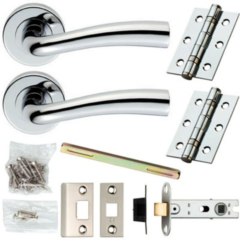 Image of Loops Door Handle & Latch Pack Chrome Modern Curved Flared Bar Screwless Round Rose Multi