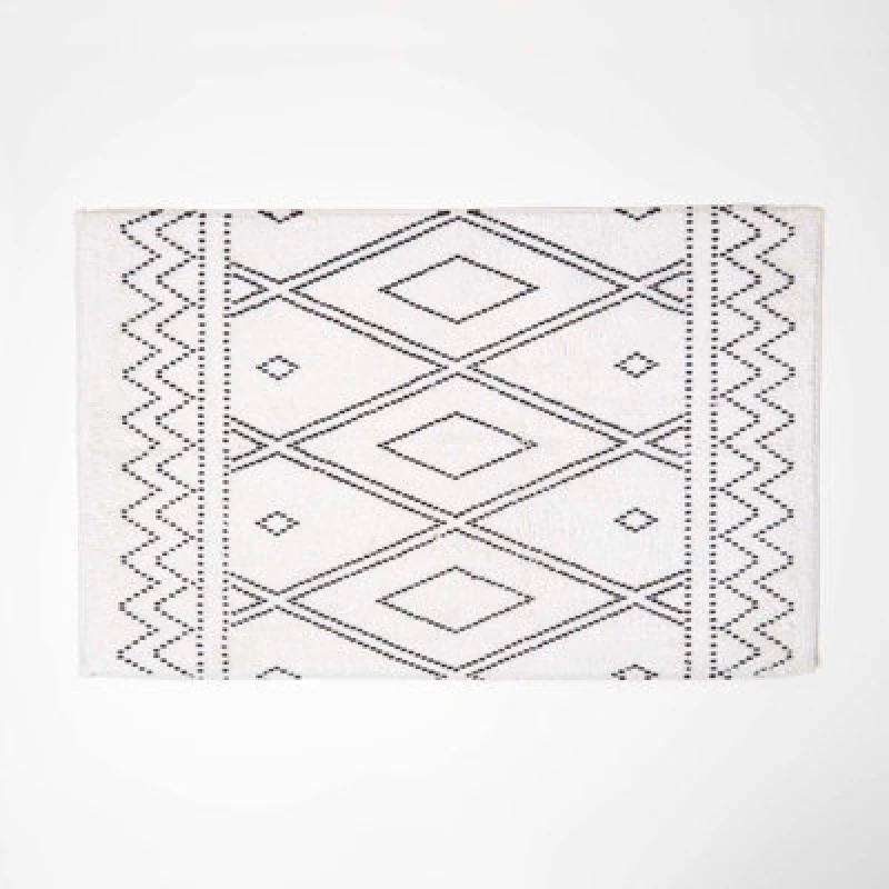 Image of Homescapes Black and White Bath Mat 100% Cotton Boho Design, 50 x 80cm White unisex
