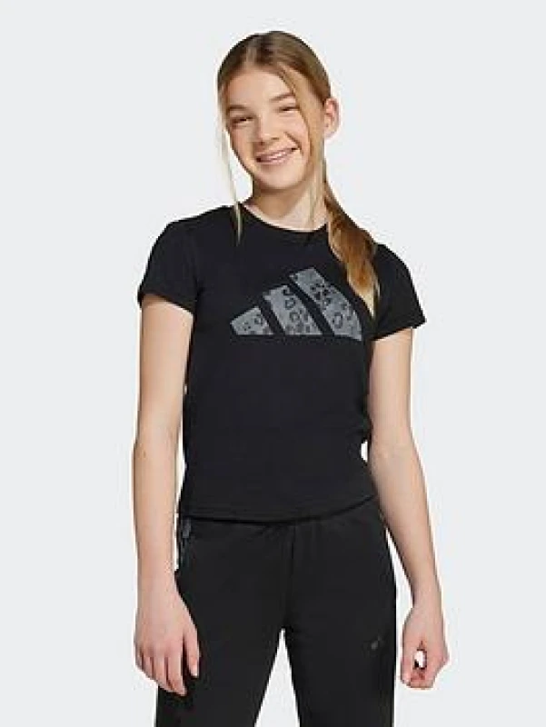 Image of Adidas SPORTSWEAR Short Sleeve T-Shirt with Leopard Print Black Baby 7/8Y (120 to 126CM);9/10Y (132 to 138CM);11/12Y (144 to 150CM);13/14Y (153 to 156