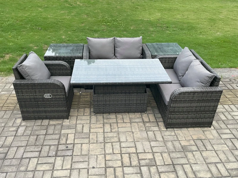 Image of Fimous 5 Seater Rattan Furniture Garden Dining Set Outdoor Height Adjustable Rising lifting Table Love Sofa Chair Dark Grey