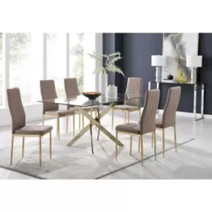 Image of Furniturebox Leonardo 150cm Modern Glass And Gold Metal Dining Leg Table And 6 Cappuccino Beige Milan Faux Leather Gold Leg Dining Chairs