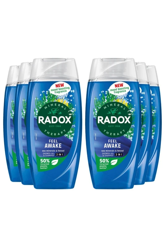 Image of Radox 'Body Wash+Shampoo' 2in1 Feel Awake w/ Fennel & Sea Minerals, 6x225ml Blue