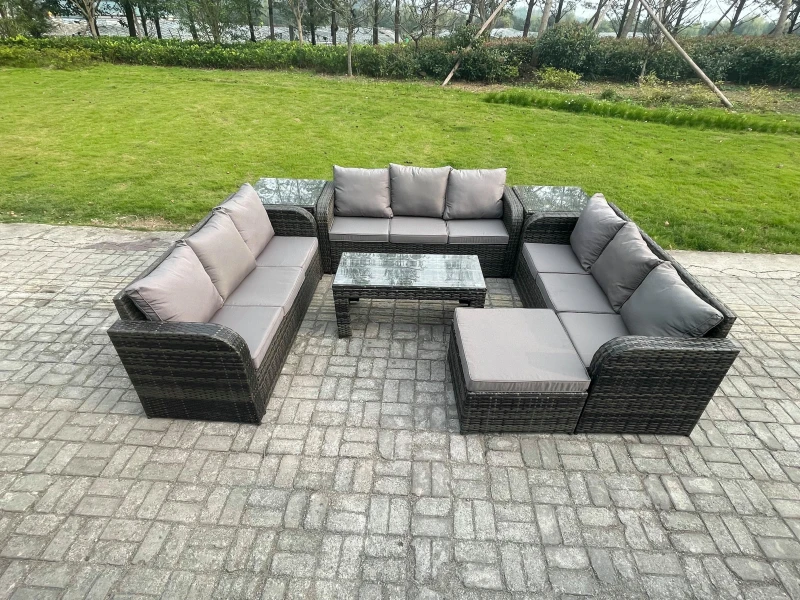 Image of Fimous 10 Seater Rattan Garden Furniture Set Indoor Outdoor Patio Sofa Set with Coffee Table 2 Side Tables Big Footstool Dark Grey Mixed Dark Grey