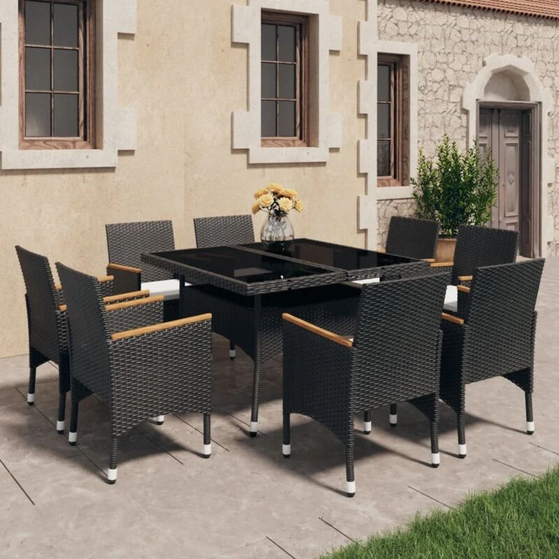 Image of VIDAXL 9 Piece Garden Dining Set Poly Rattan and Tempered Glass Black Vidaxl 8720286852231