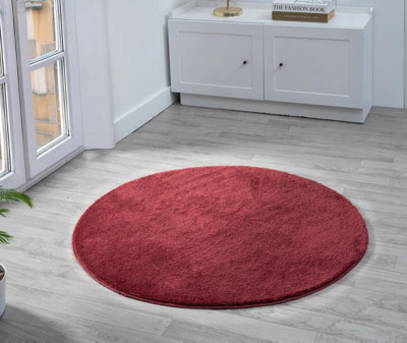 Image of Comfy Washable Low Pile Living Room Area Rug - Anti Slip Felt Backing Red 100Cm Diameter