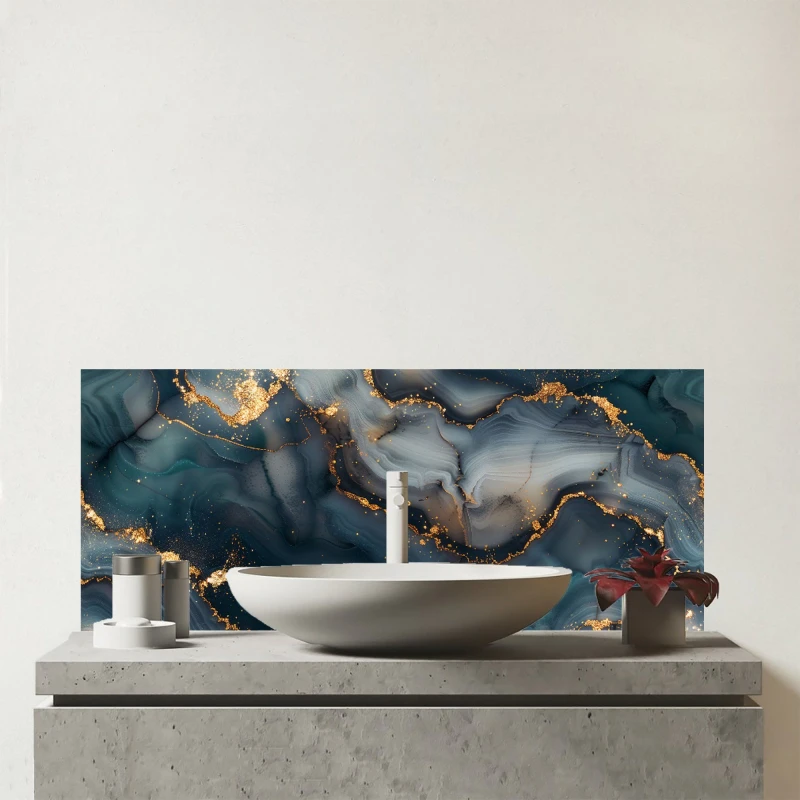 Image of Warren Reed - Designer Blues & Gold Marble Effect Glass Bathroom Splashback in Brown Brown Unisex