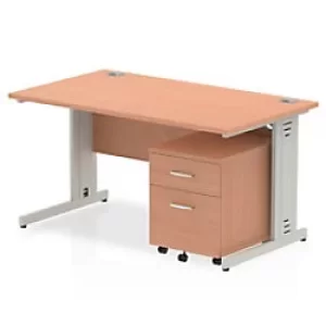 Image of Dynamic Rectangular Straight Desk Beech MFC Cable Managed Cantilever Leg Silver Frame Impulse 1 x 2 Drawer Mobile Pedestal Bundle 1400 x 800 x 730mm