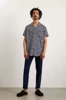 Image of Dark Blue Eco Viscose Diamond Tile Print Revere Shirt