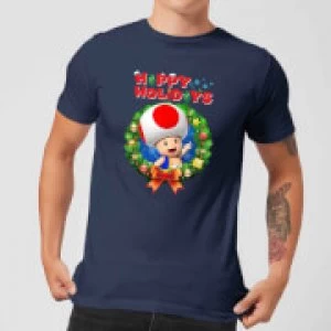 Image of Nintendo Super Mario Toad Wreath Happy Holidays Navy T-Shirt - S - Navy