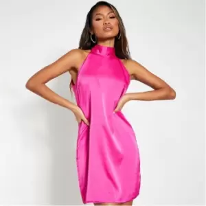 Image of I Saw It First Hot Pink Satin Halter Tie Shift Dress - Pink