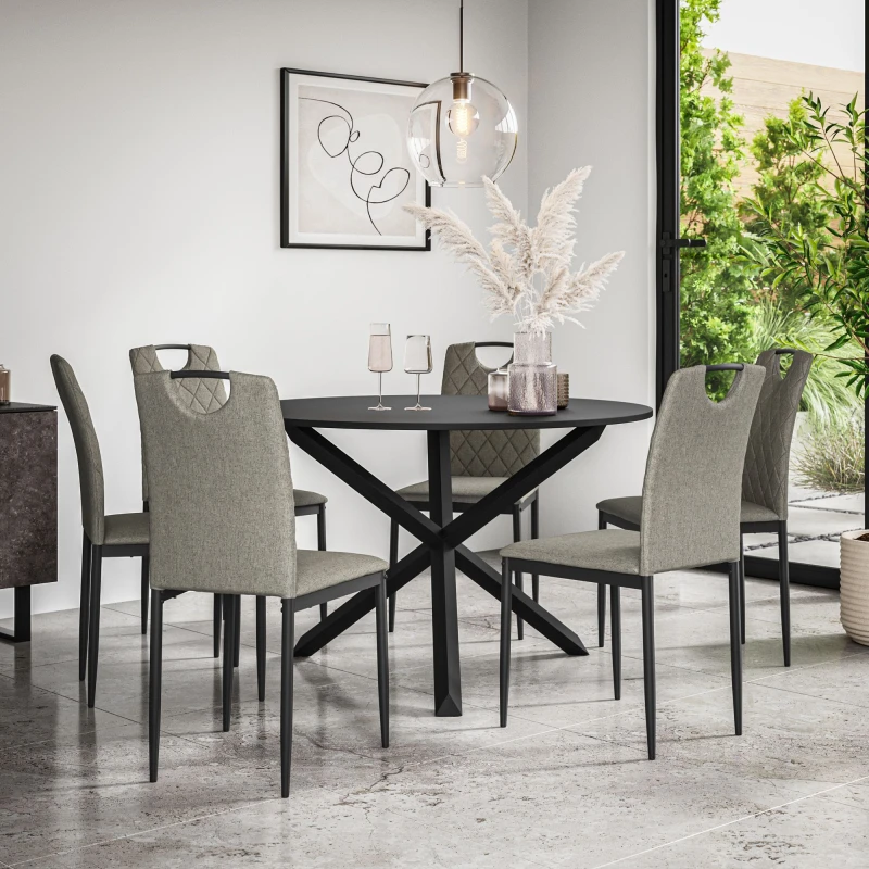 Image of More4Homes Malvern Round Dining Table And Chairs - Black Table Top W Solid Oak Black Legs + Monza Fabric Dining Chair Set Of 6 (Grey)
