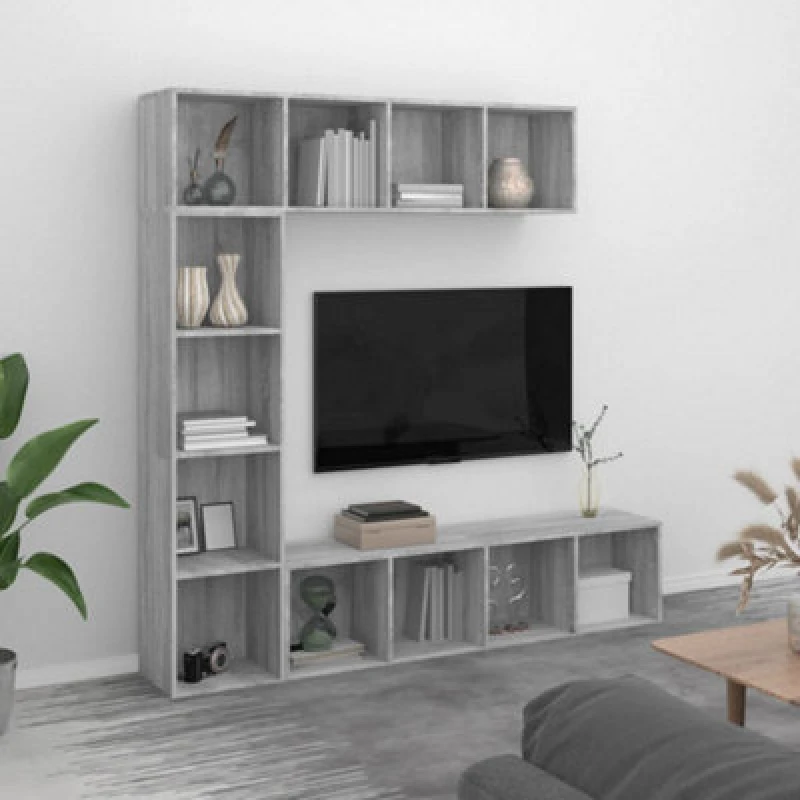 Image of Vidaxl 3 Piece Book/Tv Cabinet Set Grey Sonoma 180X30X180 Cm, Grey 3152714