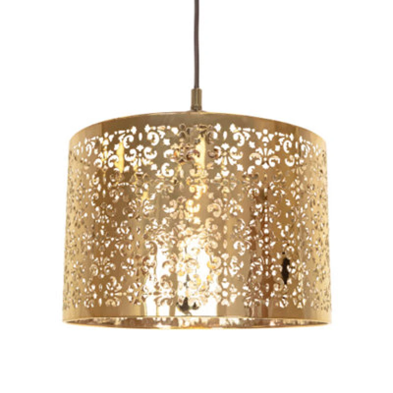 Image of Happy Homewares Moroccan Designed Shiny Gold Metal Pendant Light Shade With Floral Decoration