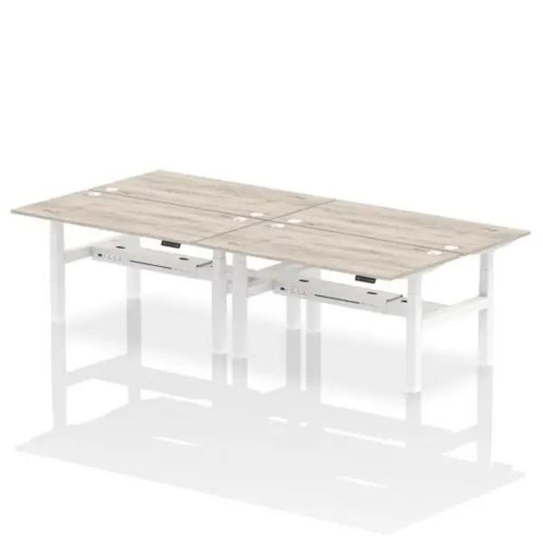 Image of Air Air Back-to-Back 1600 x 800mm Height Adjustable 4 Person Bench Desk Grey Oak Top with Cable Ports White Frame HASCP4P16800GRYW