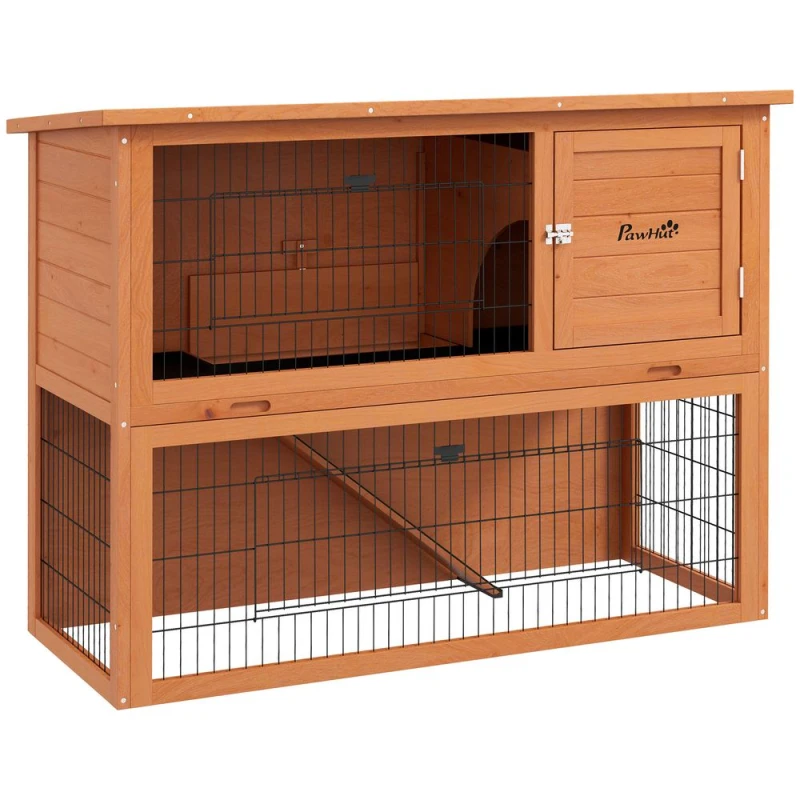 Image of PawHut Pawhut - Wooden Rabbit Hutch, Antiseptic Outdoor, for 1-2 Rabbits - Orange 92H x 120L x 50Dcm 5056725374358