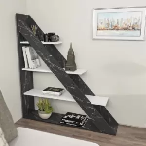 Image of Decorotika Pisagor 4-tier Corner Bookcase Bookshelf Black Marble Effecte White - Black Marble Effect / Black