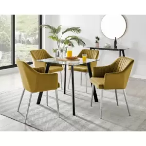 Image of Furniturebox UK - Furniturebox Seattle Glass and Black Metal Leg Square Dining Modern Industrial Dining Table & 4 Mustard Calla Silver Leg Velvet