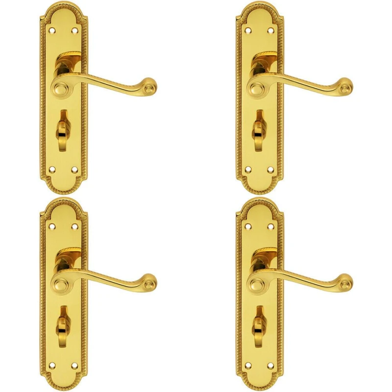 Image of Loops 4x PAIR Reeded Scroll Lever on Shaped Bathroom Backplate 205 x 49mm Brass Metallics