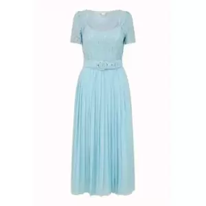 Image of Yumi Blue Lace Dress With Pleated Skirt - Blue
