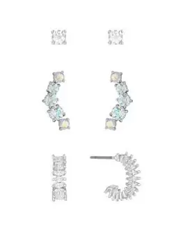 Image of Mood Silver Crystal And Aurora Borealis Stone Climber And Mixed Earrings - Pack of 3, Silver, Women