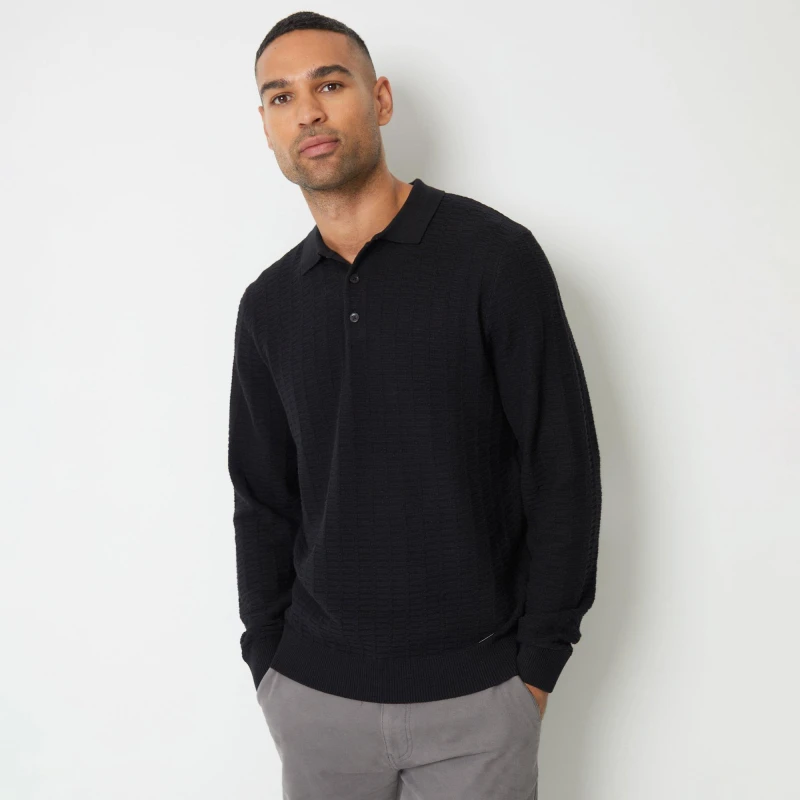 Image of Threadbare 'Shawbrook' Long Sleeve Textured Knit Polo Collar Jumper Black