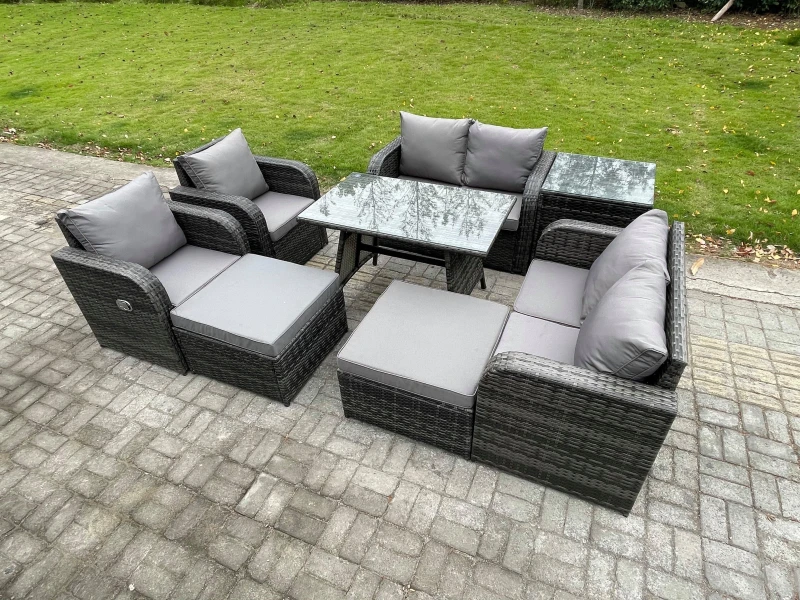 Image of Fimous 8 Seater Wicker PE Rattan Garden Dining Set Outdoor Furniture Sofa with Rectangular Dining Table Side Table 2 Big Footstool Dark Grey