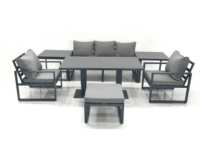 Image of Fimous Outdoor Aluminium Garden Furniture Set with Adjustable Rising Lifting Dining Table 3 Seater Sofa 2 Chair Big Footstool 2 Side Tables Dark Grey