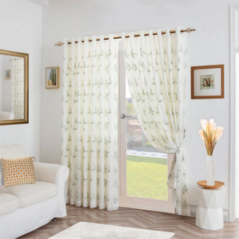 Image of Luxury Living Leaf Embroidered Tulle Voile Curtains Ring Top Green