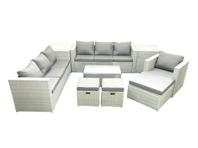 Image of Fimous Wicker PE Rattan Sofa Garden Furniture Set with Armchair Oblong Coffee Table 3 Footstools 2 Side Tables Light Grey Mixed Light Grey