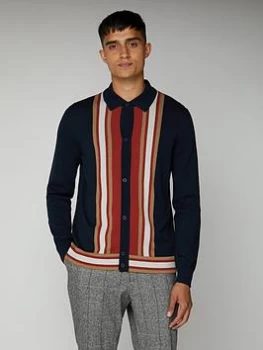 Image of Ben Sherman Long Sleeved Mod Button Through Polo Shirt - Dark Navy, Size L, Men