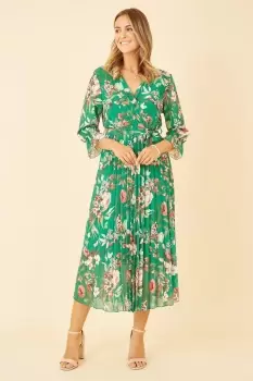 Image of Green Floral Print Midi Wrap Dress With Pleated Skirt