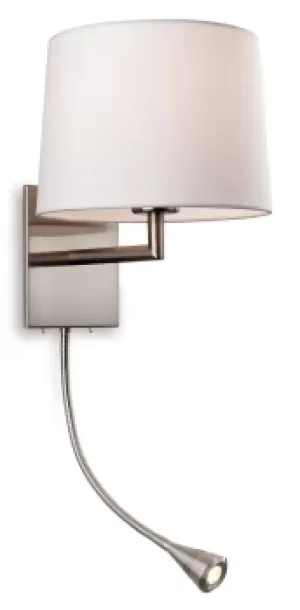 Image of Grand 1 Light Indoor Wall Light with Reading Lamp Brushed Steel, Cream Shade, E27