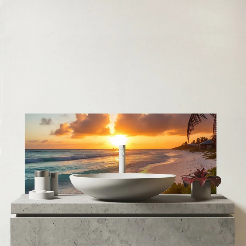 Image of Warren Reed - Designer Sunrise On The Beach Glass Bathroom Splashback Multicolor Unisex