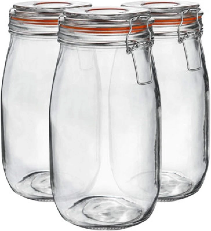 Image of Neo 1.5L Pack of 3 Canisters Glass Storage Jars with Airtight Silicone Seal Metal Clip Top Lids Natural