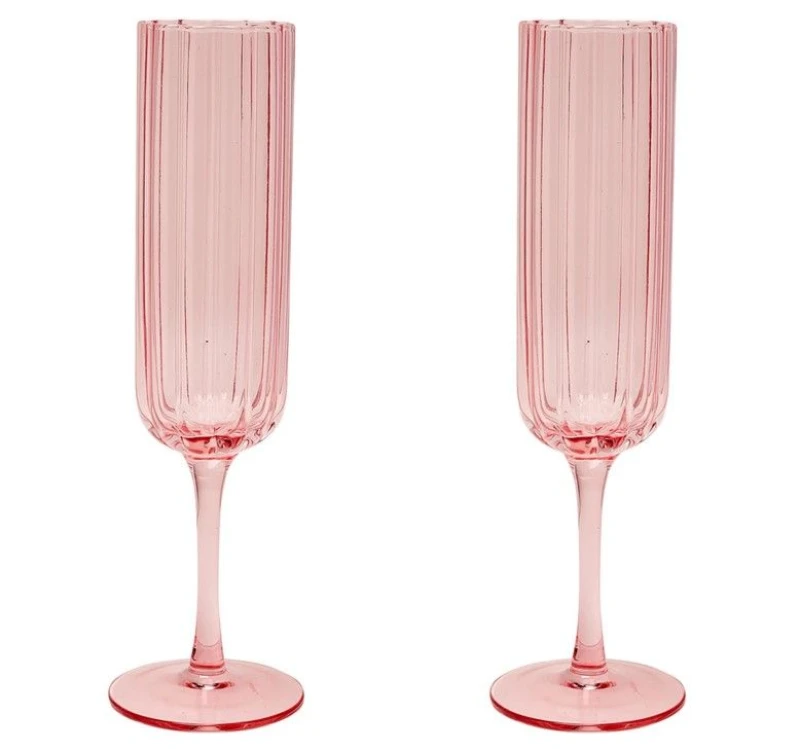 Image of Hestia Set of 2 Bright Pink Scalloped Glass Champagne Flutes Pink unisex