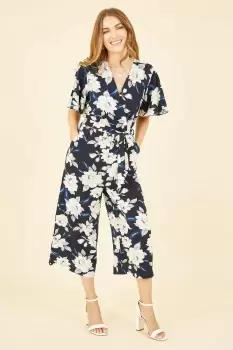 Image of Navy Floral Print Jumpsuit With Angel Sleeves