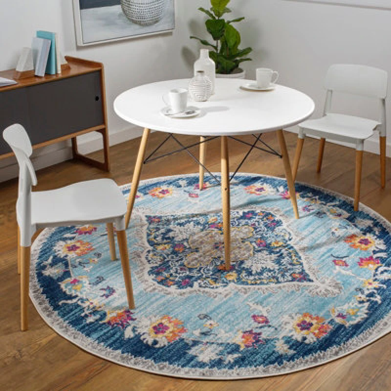 Image of Livabliss Round Vintage Oriental Boho Blue Romy Area Rug 200 X 200 Cm - Easy Care, Non Shedding, Ideal For Living Room & Bedroom