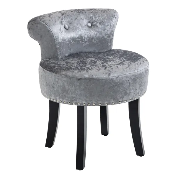 Image of HOMCOM Dressing Table Stool with Rubber Wood Legs Ice Velvet Makeup Seat Dressing Chair for Living Room Dressing Room Bedroom, Grey