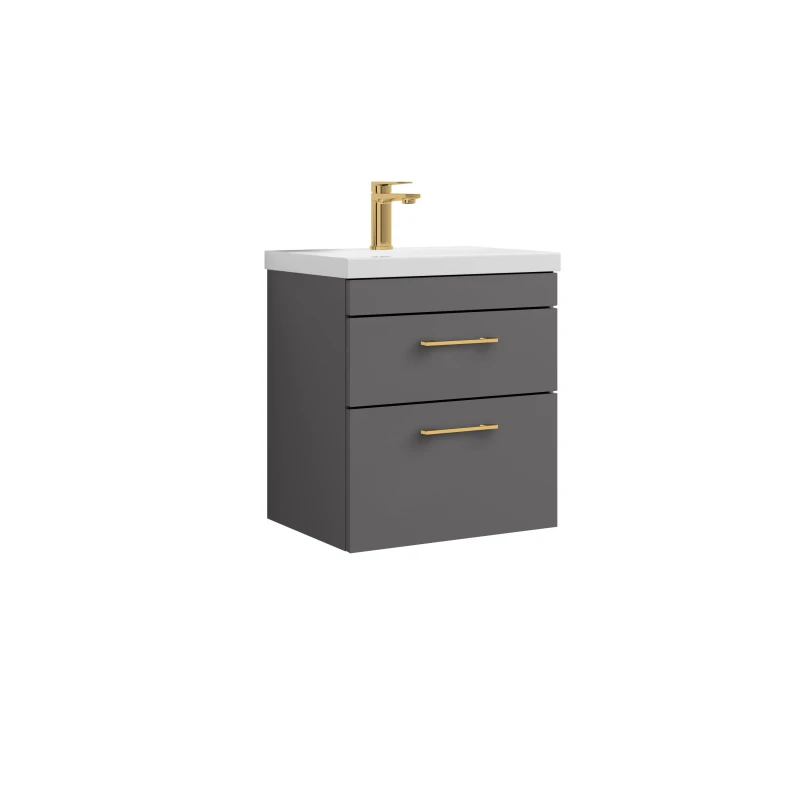 Image of Balterley 2 Drawer Wall Hung Vanity Basin Unit Grey Brushed Brass Handles 500mm Grey
