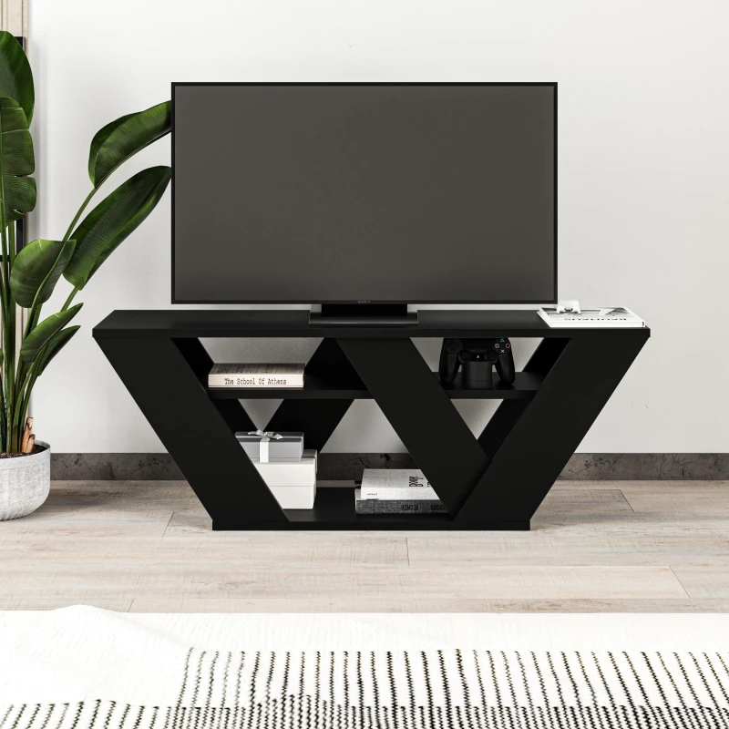 Image of DECORTIE Decortie - Pipralla Modern tv Stand Multimedia Centre tv Unit With Shelves 110cm - Black Bute - Black Bute M.TV.14129.11