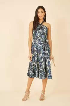 Image of Navy Tropical Print Satin Cross Neck Midi Dress