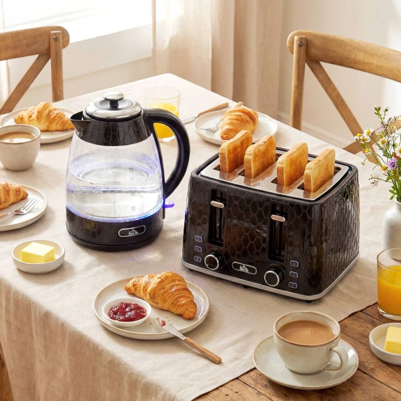 Image of HOMCOM Kettle & Toaster Set with Strix Thermostat, Crumb Tray, Black Unisex