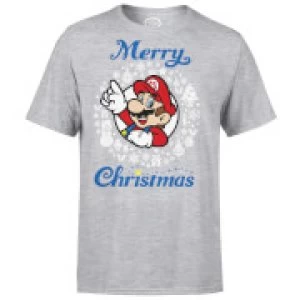 Image of Nintendo Super Mario Mario White Wreath Merry Christmas Grey T-Shirt - S - Grey