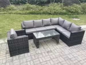 Image of Fimous 7 Seater Outdoor Dark Grey Rattan Lounge Complete Sofa Set with Rectangular Coffee Table and Arm Chair