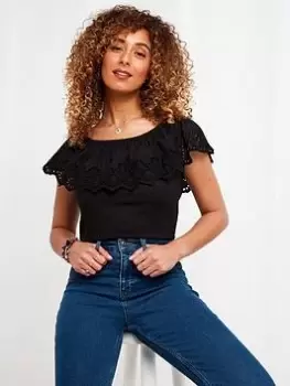 Image of Joe Browns Broderie Frill Bardot T-Shirt - Black, Size 8, Women